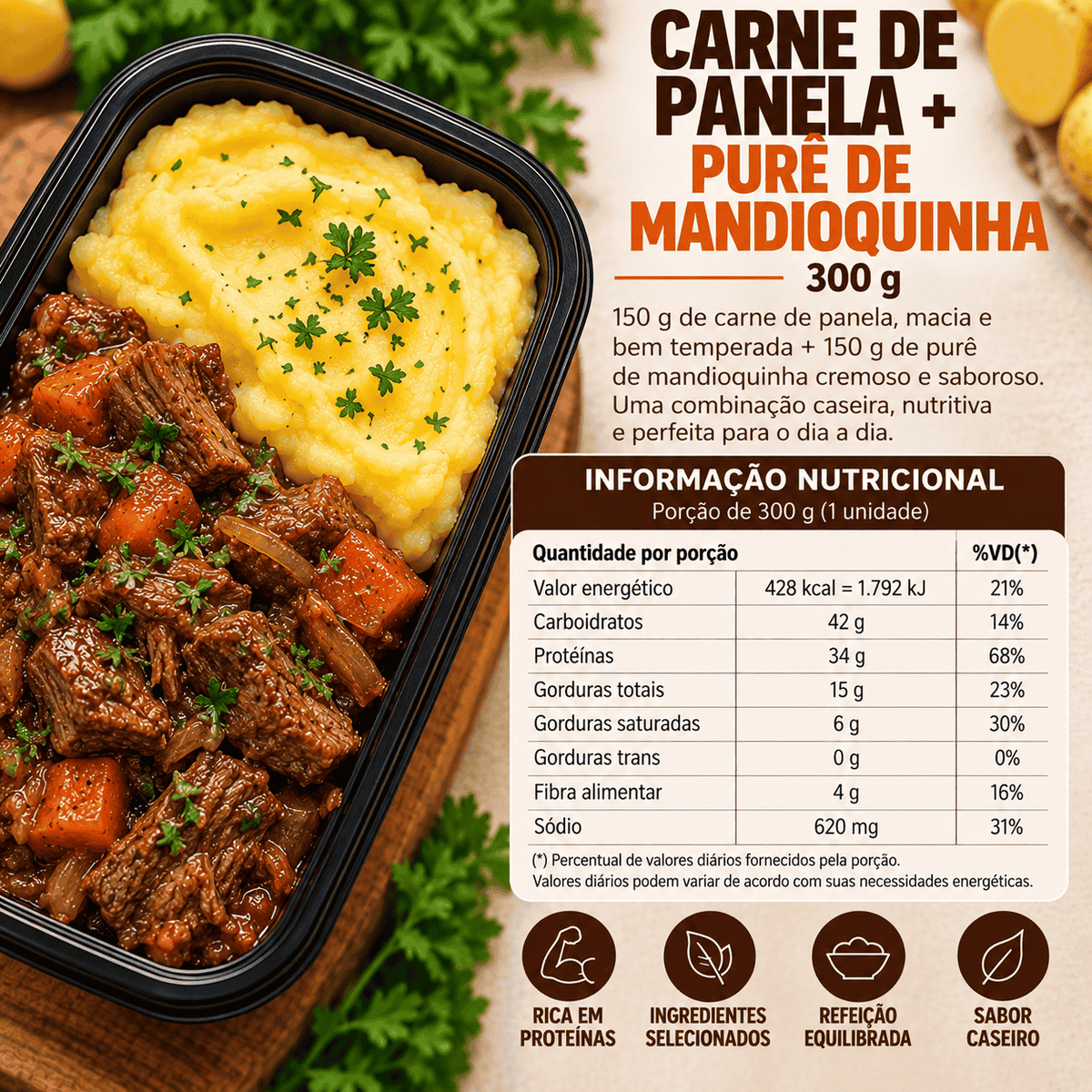 Marmita Congelada Fits Carne de Panela com Pure de Mandioquinha 300gr