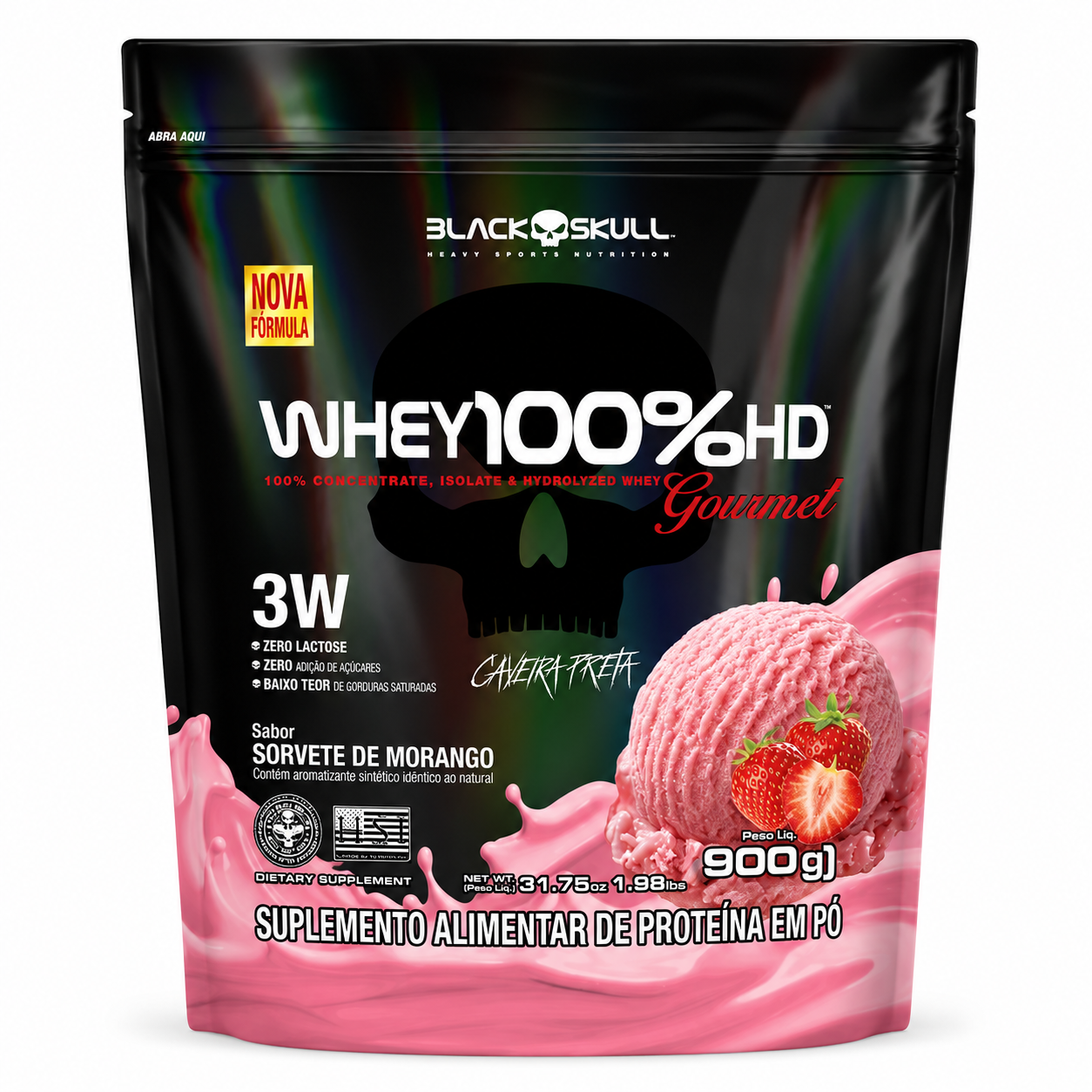 WHEY 100% HD 3 W REFIL BLACK SKULL SORVETE DE MORANGO GOURMET 900 GR