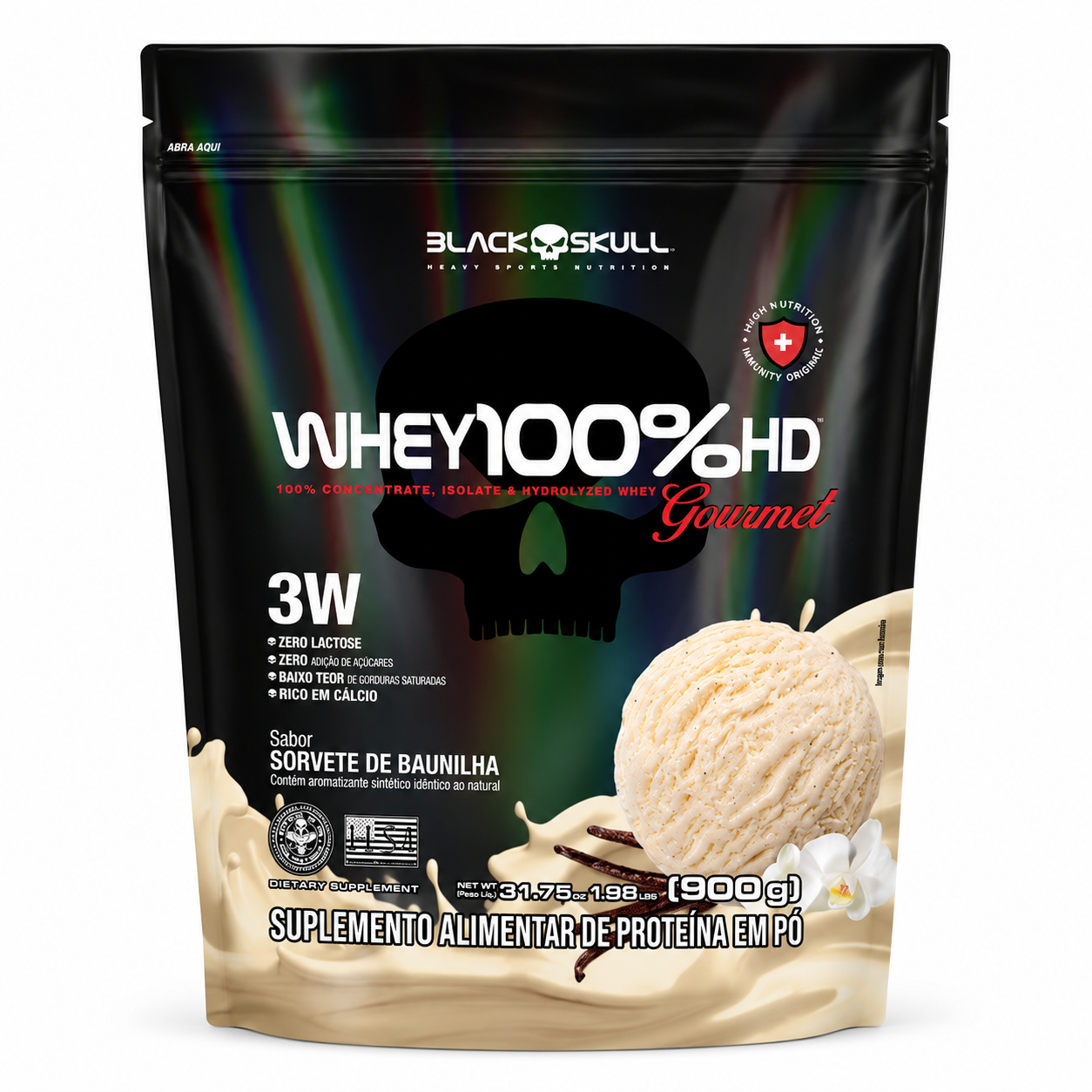 WHEY 100% HD 3 W REFIL BLACK SKULL SORVETE DE BAUNILHA GOURMET 900 GR
