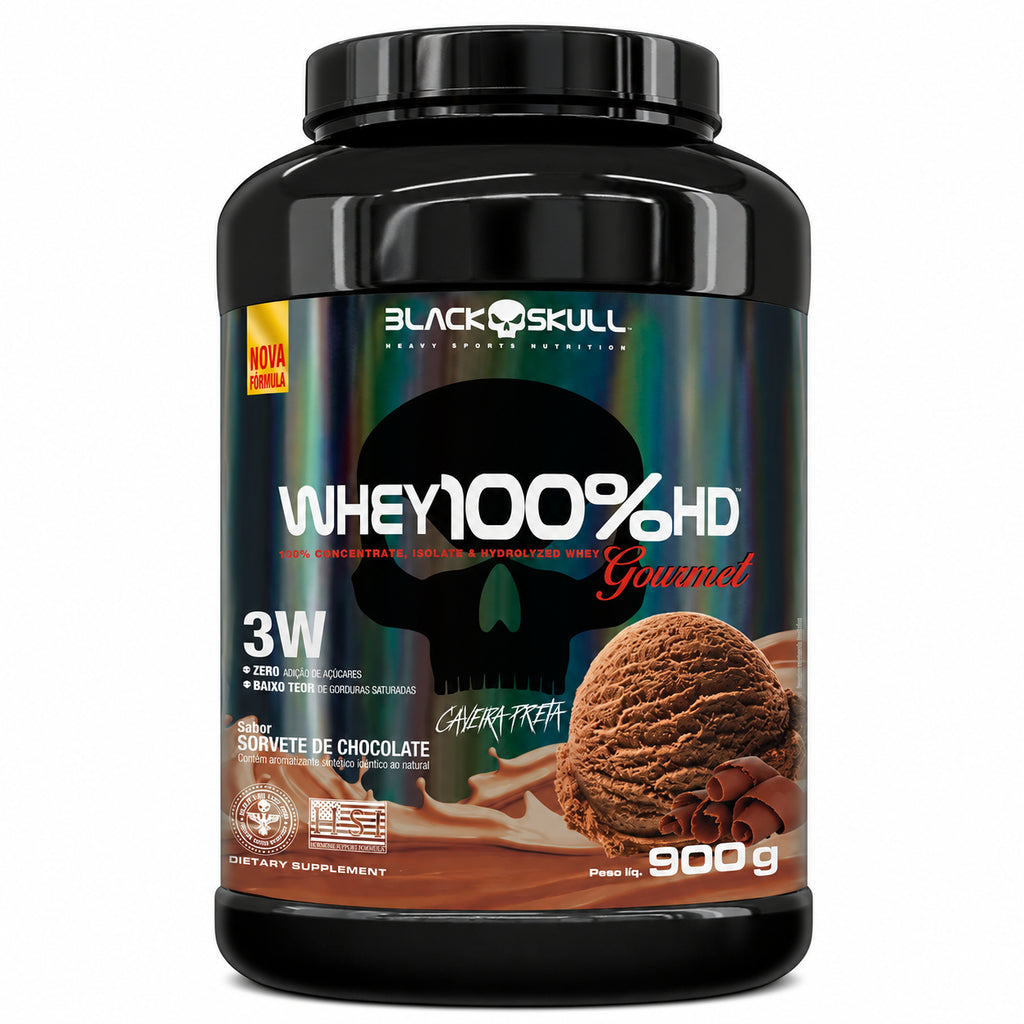 WHEY 100% HD 3 W  BLACK SKULL SORVETE DE CHOCOLATE GOURMET 900 GR