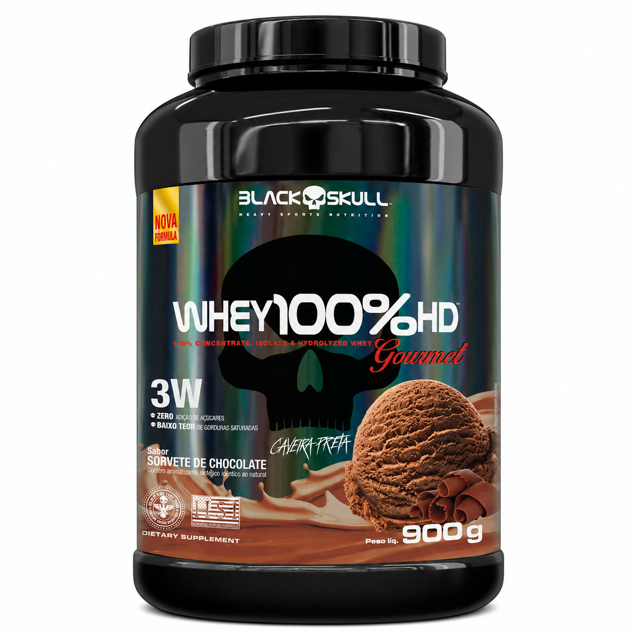 WHEY 100% HD 3 W  BLACK SKULL SORVETE DE CHOCOLATE GOURMET 900 GR