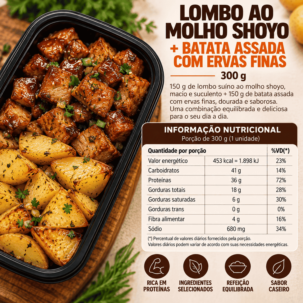 Marmita Congelada  Fits Lombo ao molho Shoyo com Batatas Assadas Ervas Finas 300gr