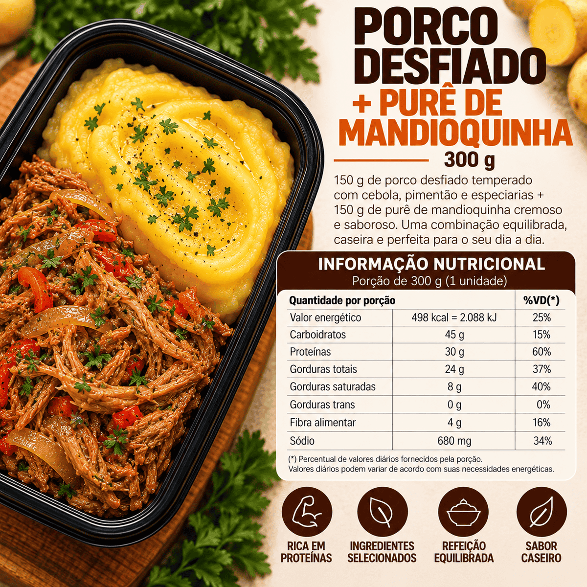 Marmita Congelada Fits Porco Desfiado com Pure de Mandioquinha 300gr