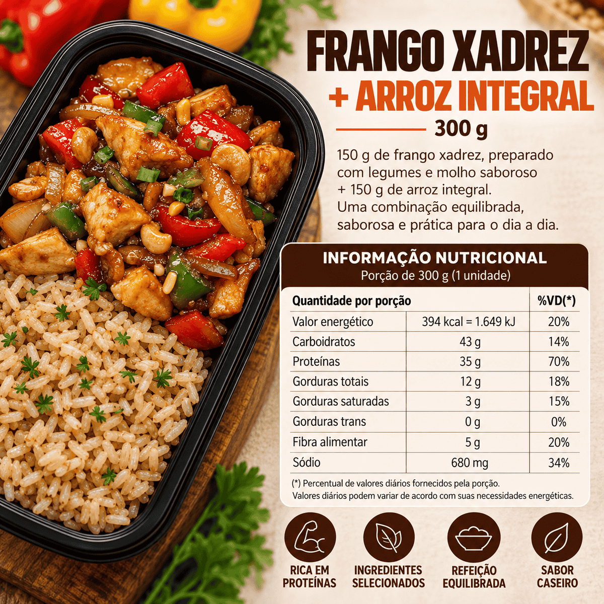 Marmita Congelada Fits Frango Xadrez com Arroz Integral  300gr