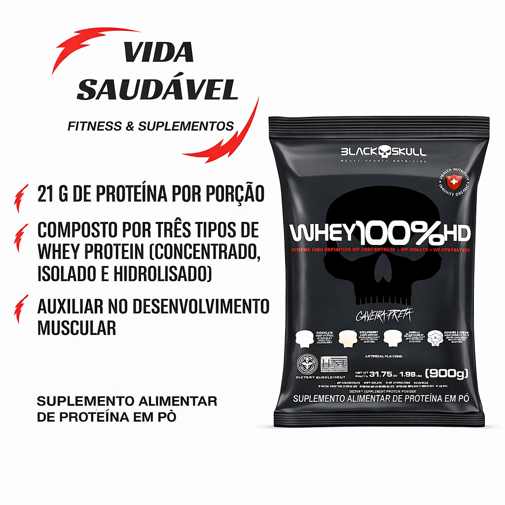 WHEY 100% HD REFIL BLACK SKULL MORANGO 900 GR