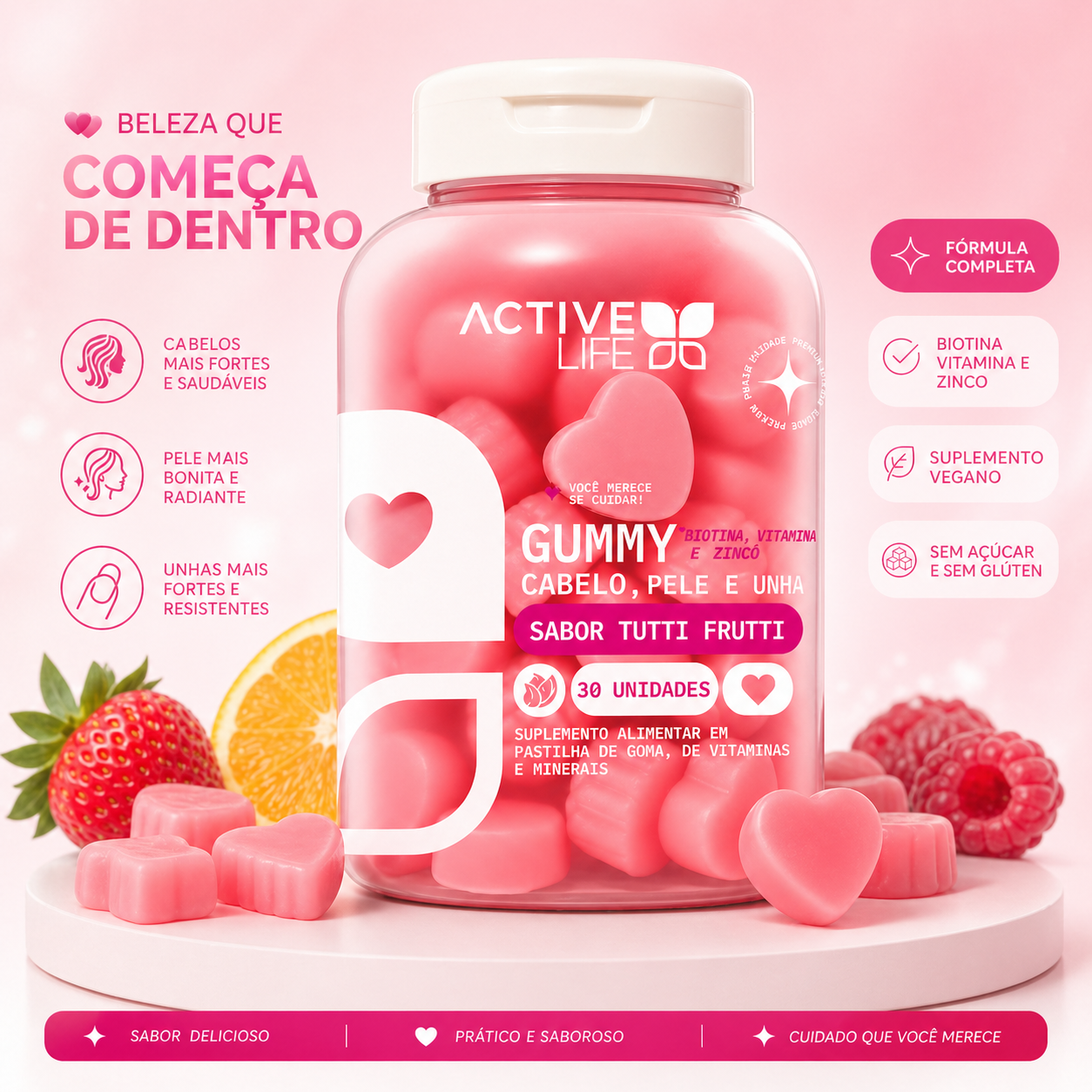ACTIVE LIFE GUMMY CABELO PELE UNHA TUTTI FRUTTI 30 GOMAS