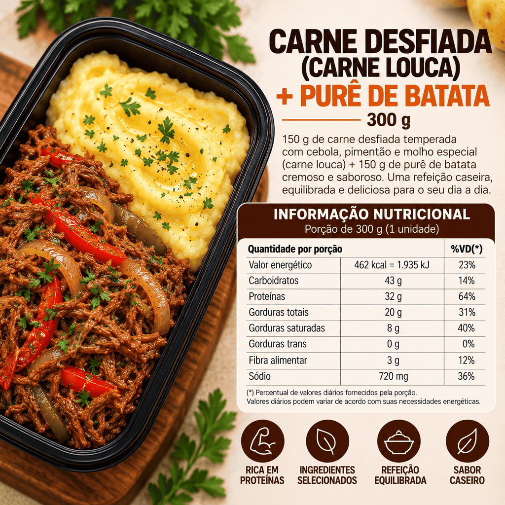 Marmita Congelada Fits Carne Desfiada com Pure de Batata  300gr