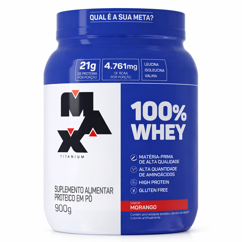 MAX 100% WHEY POTE 900G MORANGO